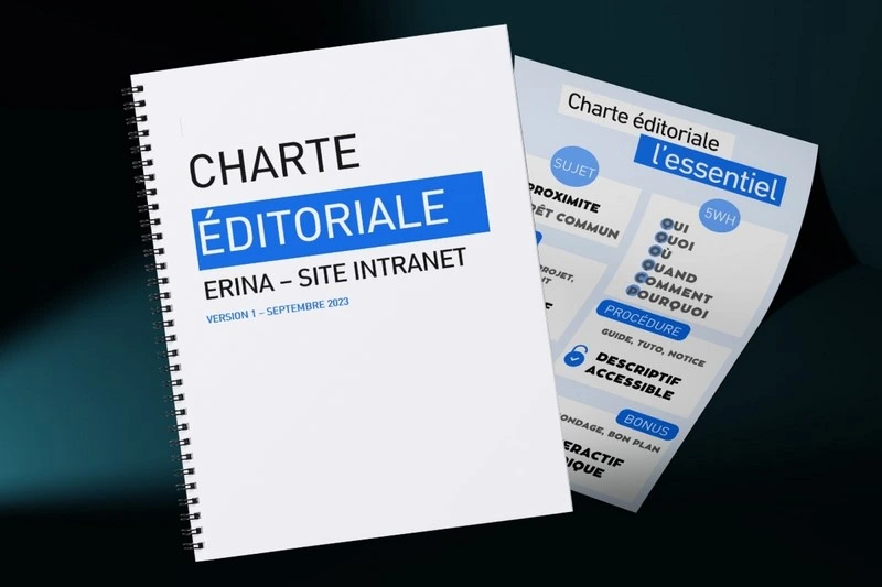 Visuel de la charte éditoriale complète et de sa version mémo où les grands principes d'écriture sont mise en page graphiquement pour un affichage en bureau.