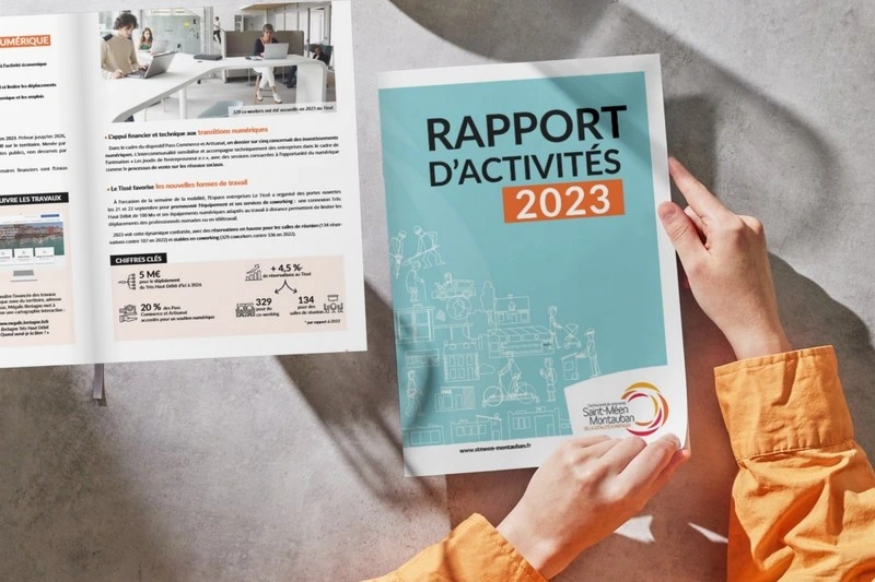 Couverture du rapport d'activités 2023 de la communauté de communes Saint-Méen Montauban et un exemple de double page intérieure rédigée et mise en page structurée